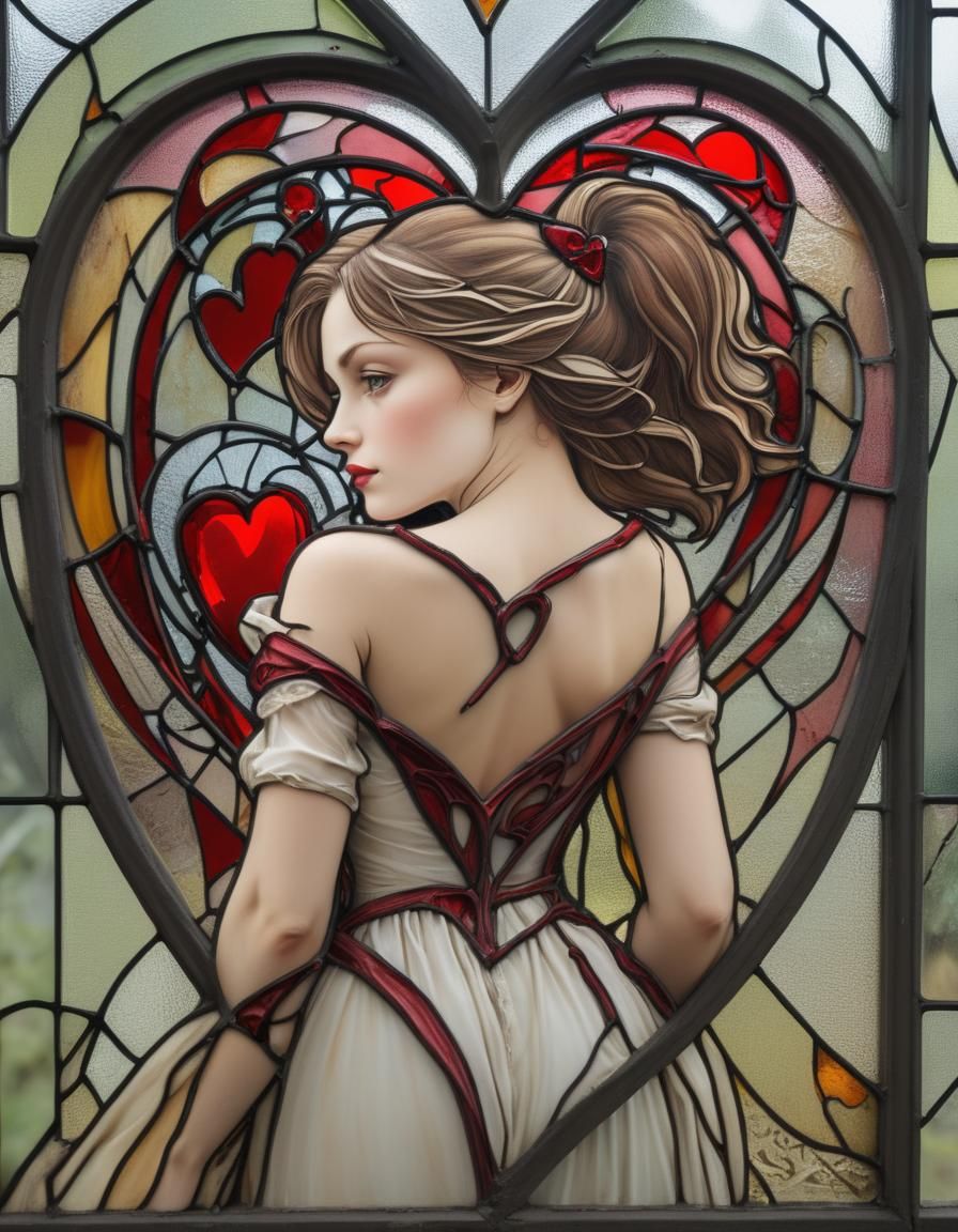 Stained Glass Heart Window with Distant Woman