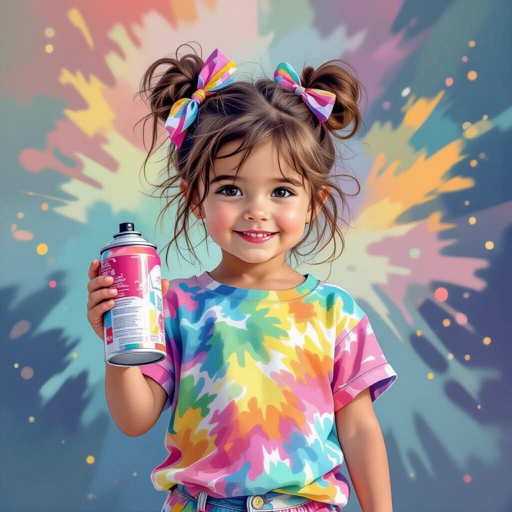 Joyful Girl with Spray Paint, Vibrant Abstract Background
