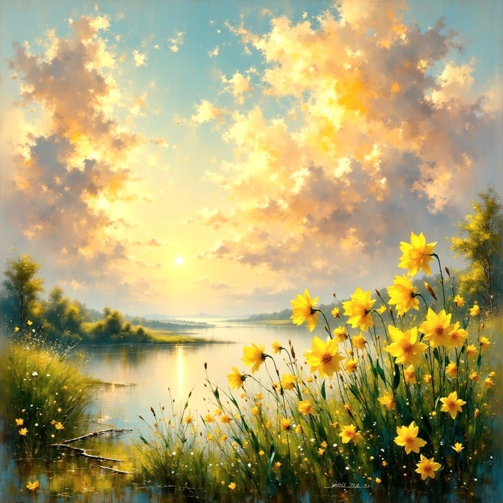 Ethereal Spring Daffodils in Golden Hour Lake Scene