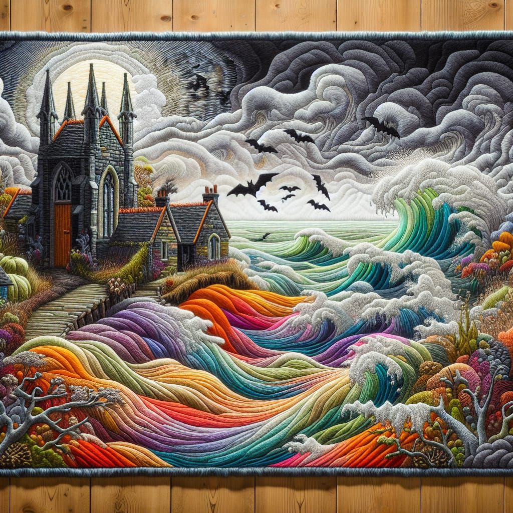 Eerie Haunted Village by Coast in 3D Textile Art