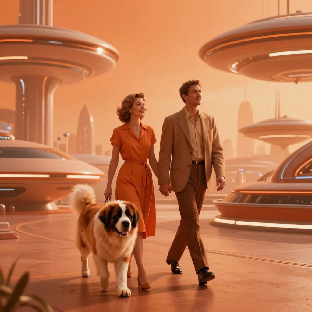 Retro-Futuristic Scene with Elegant Couple and Saint Bernard