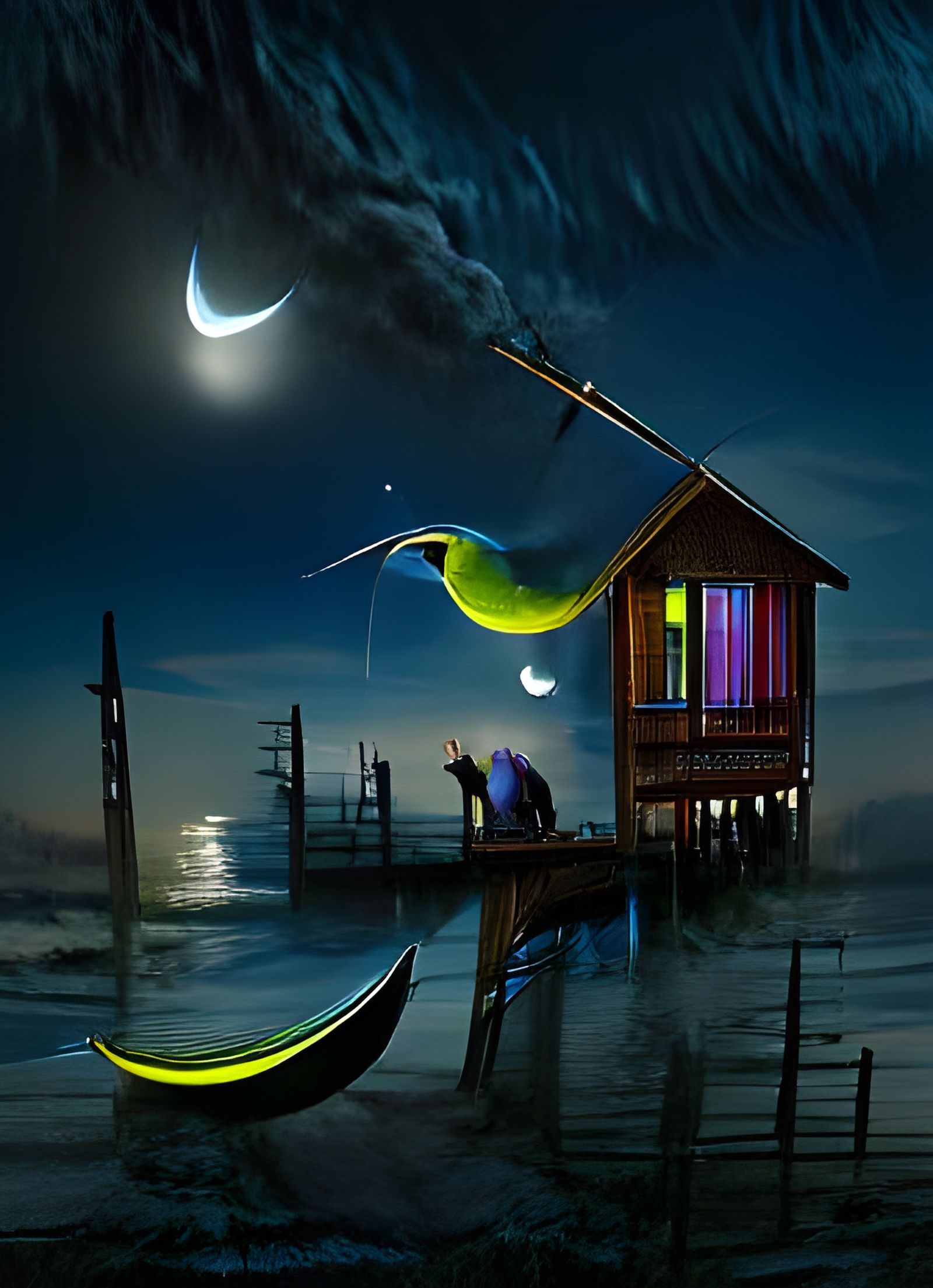 Night Fishing Under Crescent Moon: Matte Painting