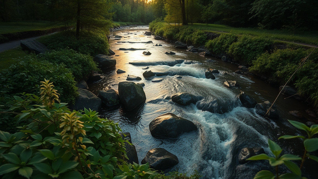 Hyperrealistic River Scene with Lush Greenery in HDR