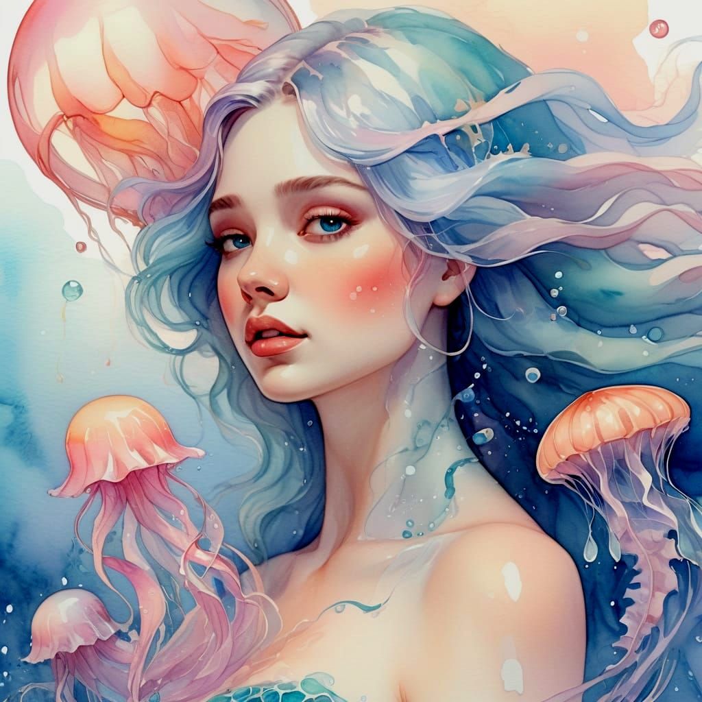 Glowing Jelly Mermaid and Shimmering Jellyfish in Pastel Hue...