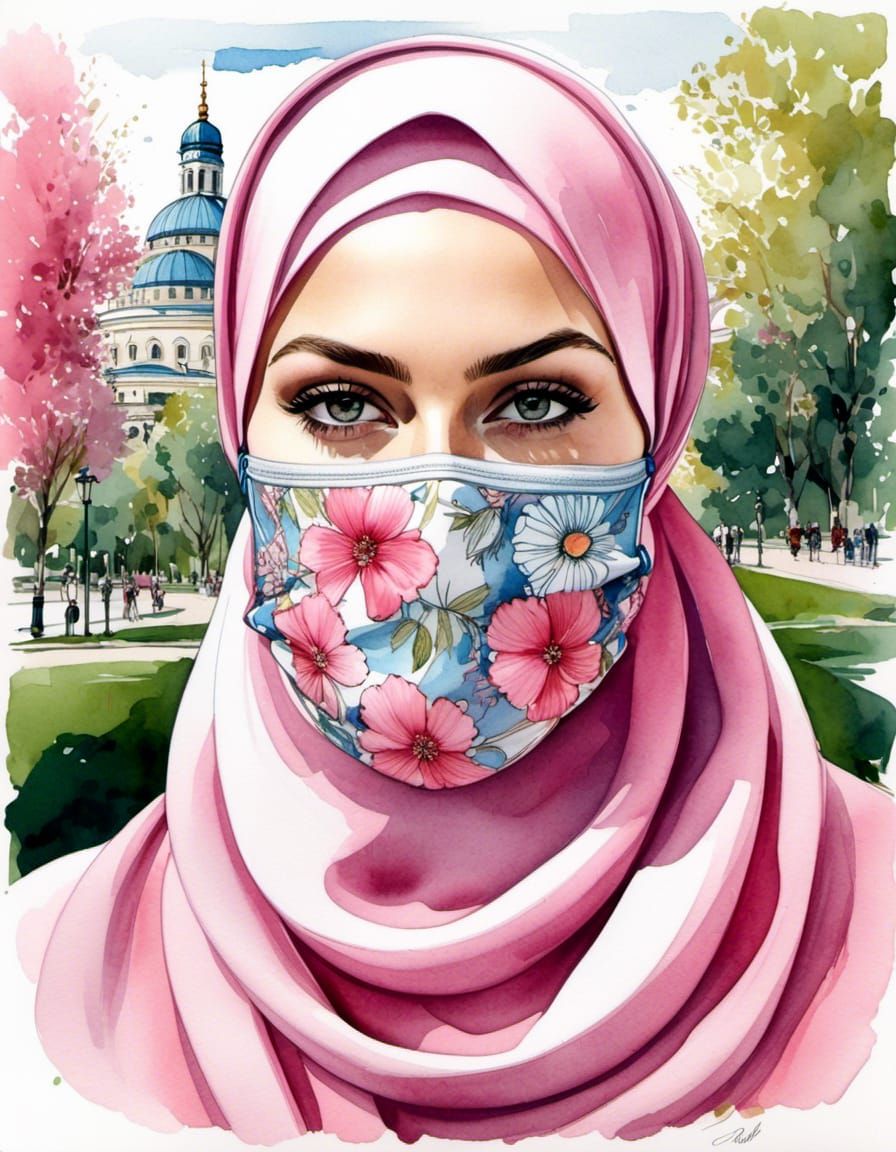 Swedish Woman in Hijab Portrait as Watercolor Art