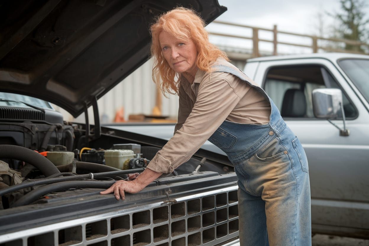 Ginger Hair Woman Works on a Pickup Truck in Dusty Denim