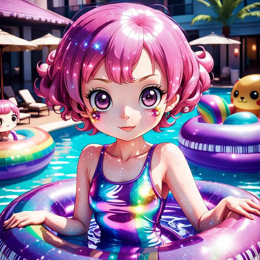 Cute Anime Girl Relaxing in Hotel Pool