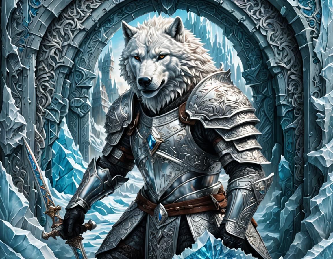 Iced Wolf Knight in Hyper-Realistic Action Painting