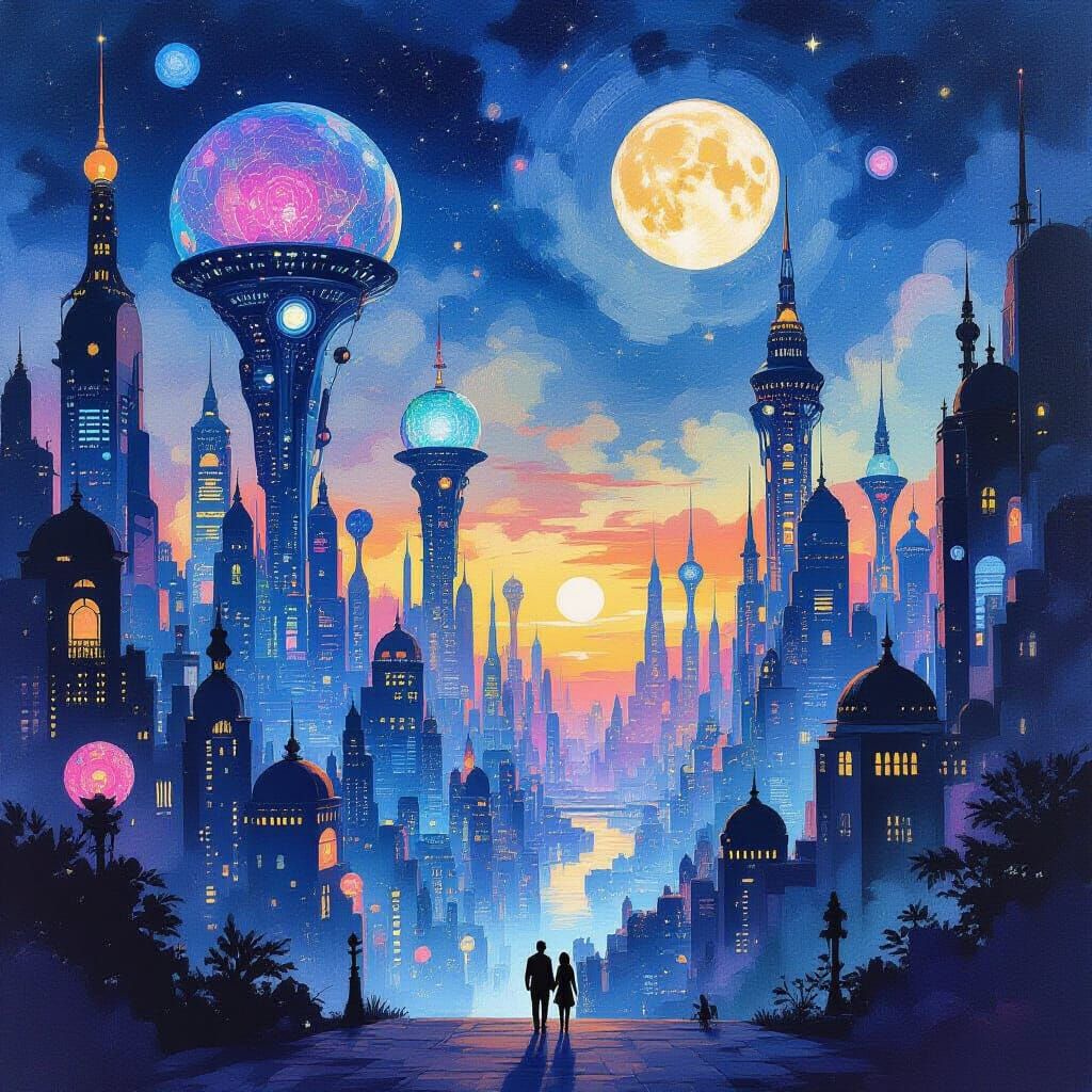 Alien City at Twilight Watercolor Painting