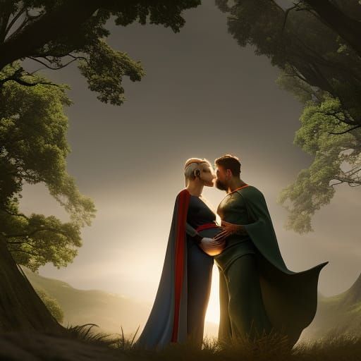 Pregnant Elf Woman Kissing Man: Fantasy Concept Art