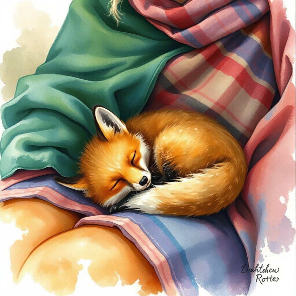 Cute Fox Nap on Sorceress Lap, Watercolor Style
