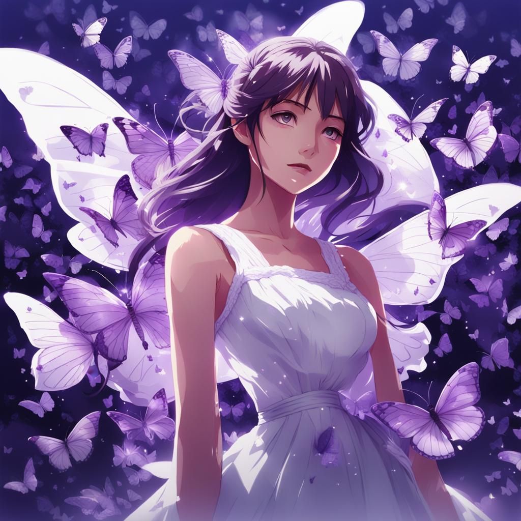 Anime Woman with Butterflies in Cel-Shaded Style