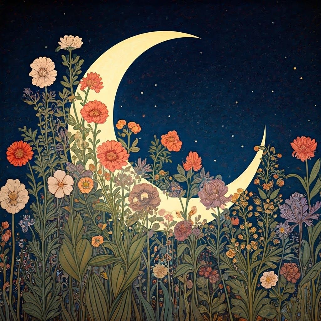 Floral Crescent Moon in Starry Twilight, Decorative Art