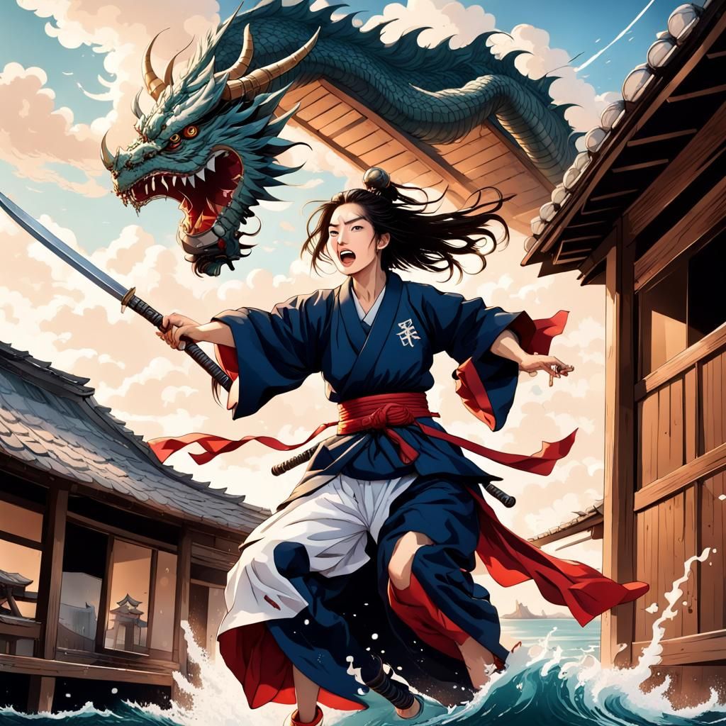 Samurai Leaps Towards Dragon Above Okinawa Village