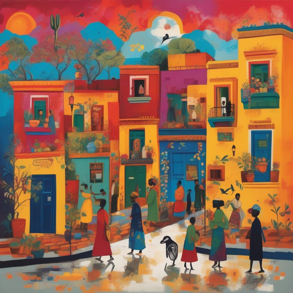 Lively Street Scene with Symbolic Motifs in Frida Kahlo Styl...