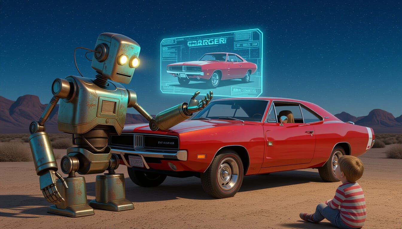 Wise Robot Shares Muscle Car Hologram With Child
