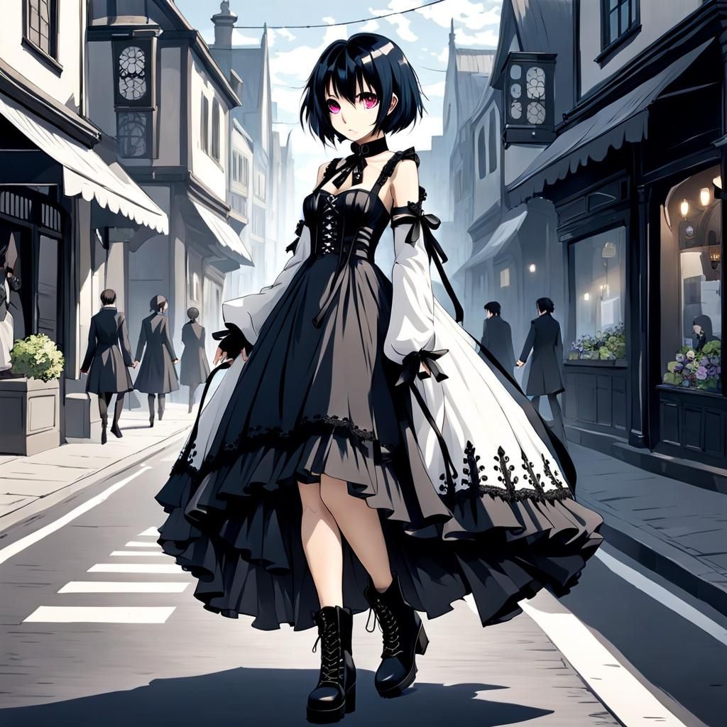 Anime Girl in Gothic Dress Walking Street