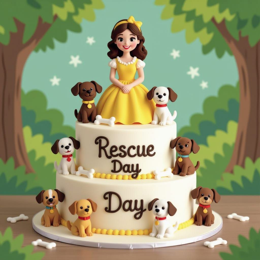 Whimsical Dog Cake with Woman and Wagging Tails