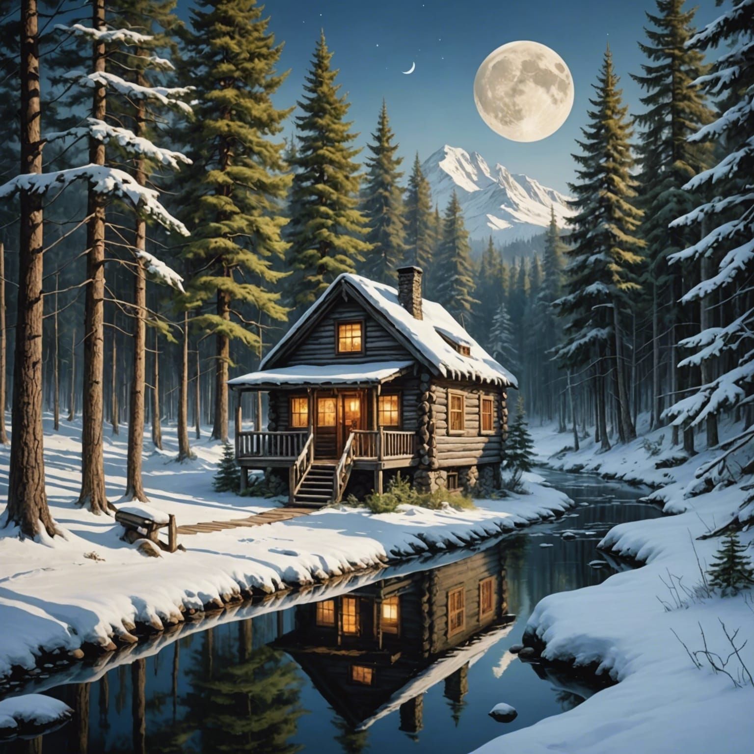 Lumberjack Cabin on Moon in Stained Glass Style