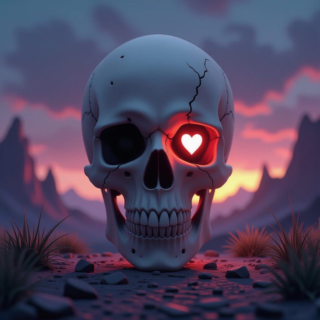 Cartoon Skull with Glowing Black Heart in Epic 3D Landscape