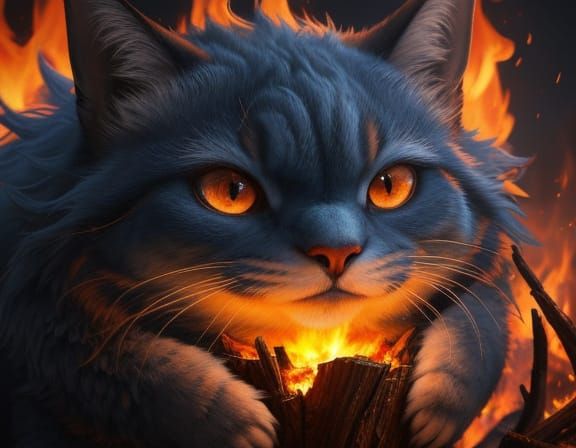 Fluffy Creature Enjoys Campfire Glow in Ghibli Style