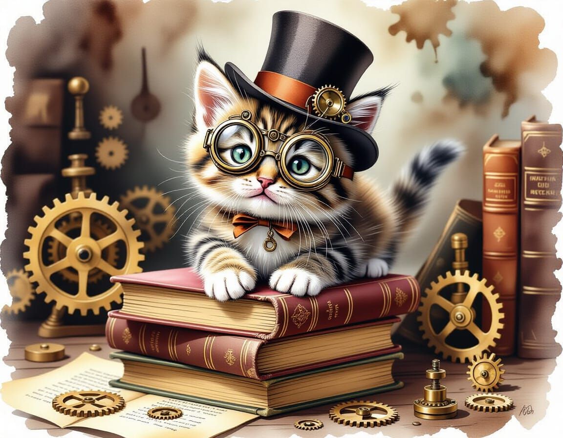 Whimsical Kitten in Steampunk Goggles on Books