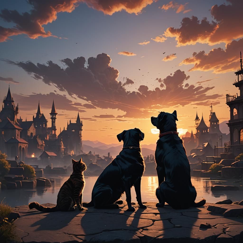 Dog and Cat Silhouettes at Sunset: Detailed Matte Painting