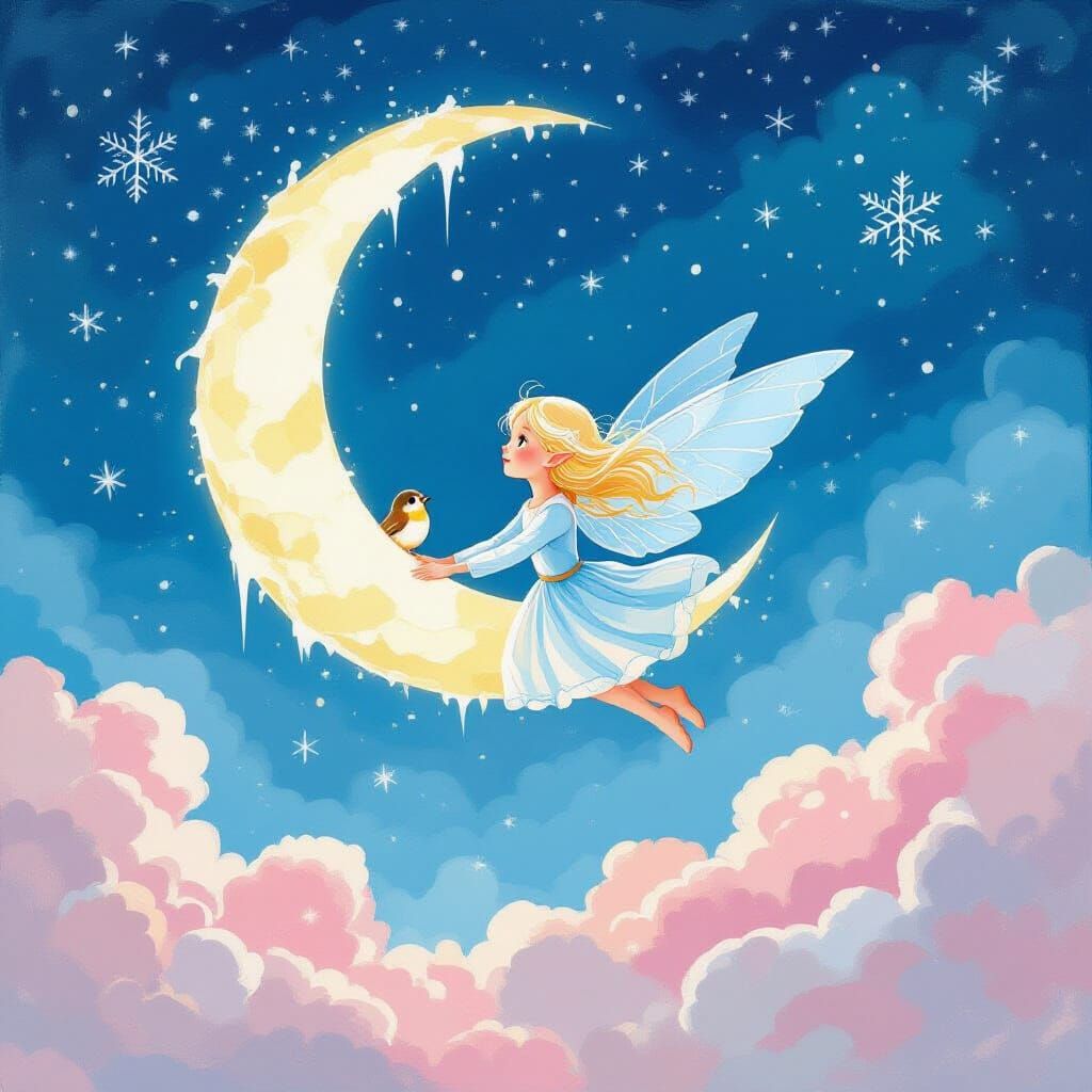 Girl Flies Through Snowy Sky in Van Gogh Style