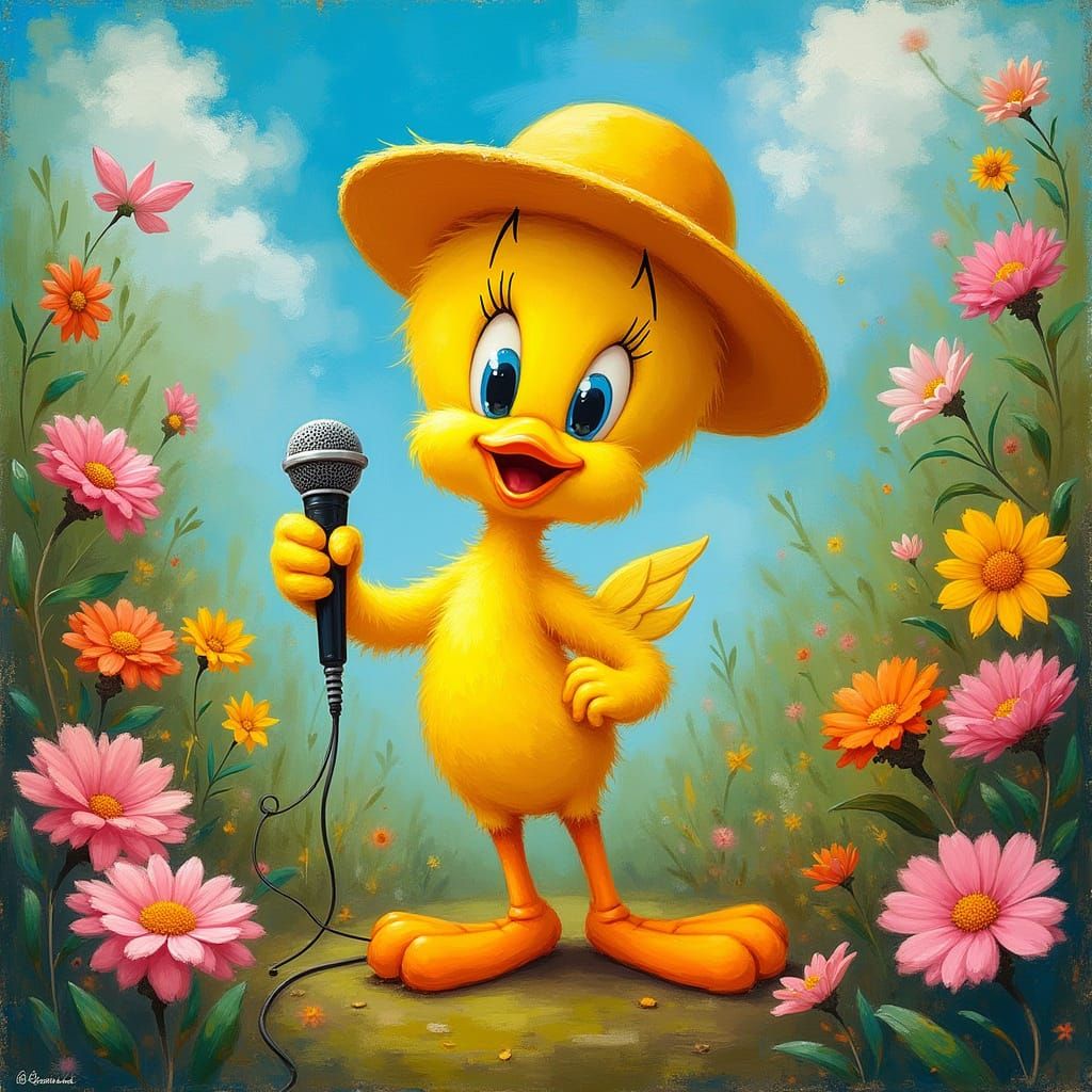 Tweety Bird Singing in Sunny Garden, Expressionist Style