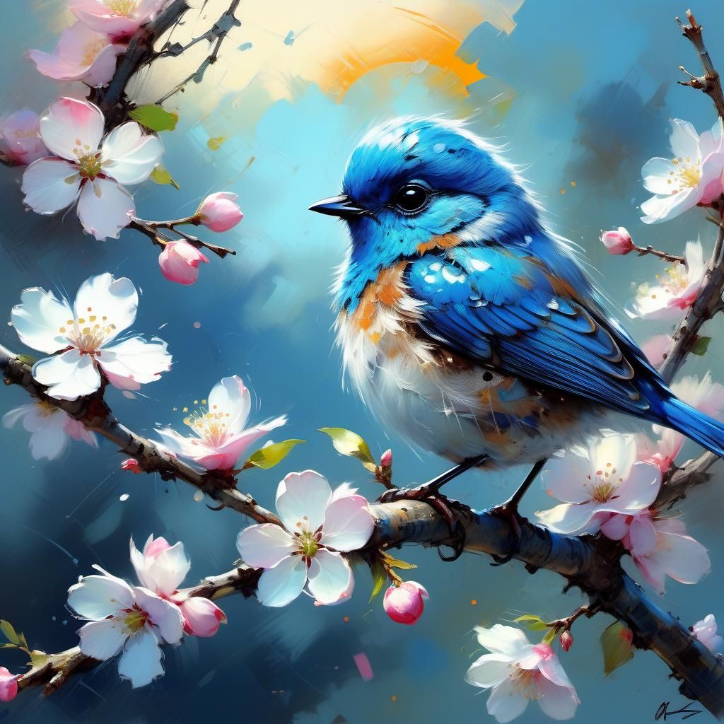Fluffy Blue Bird on Blossoms: Matte Painting