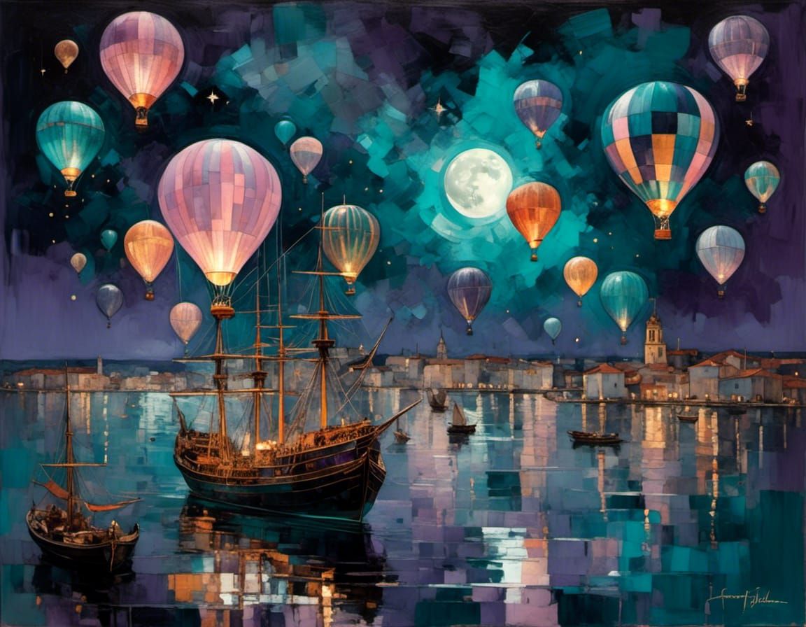 Hot Air Balloons and Spanish Armada Ships in Art Deco Style