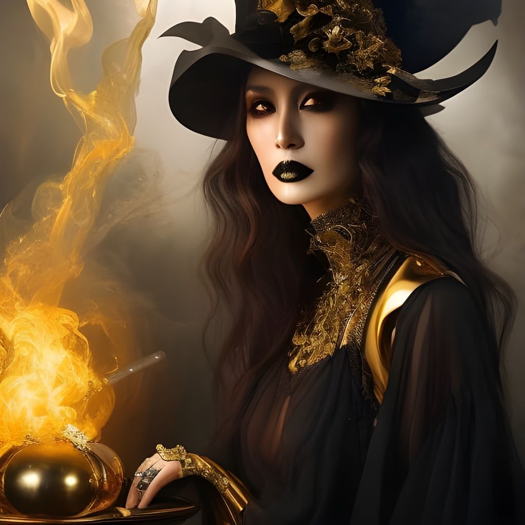 Gold Witch Brewing Potions in Gothic Fantasy Art