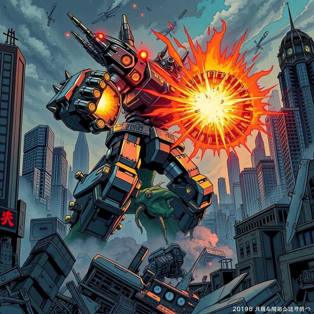 Gigantic Mecha Battles Kaiju in Neon-Lit Lagos Cityscape