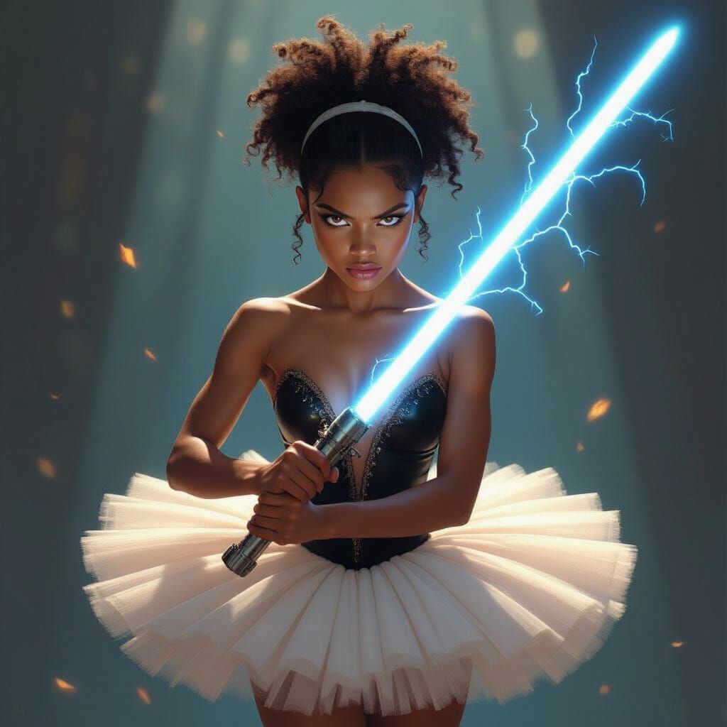 Fierce Ballerina with Glowing Sword in Dramatic Lighting