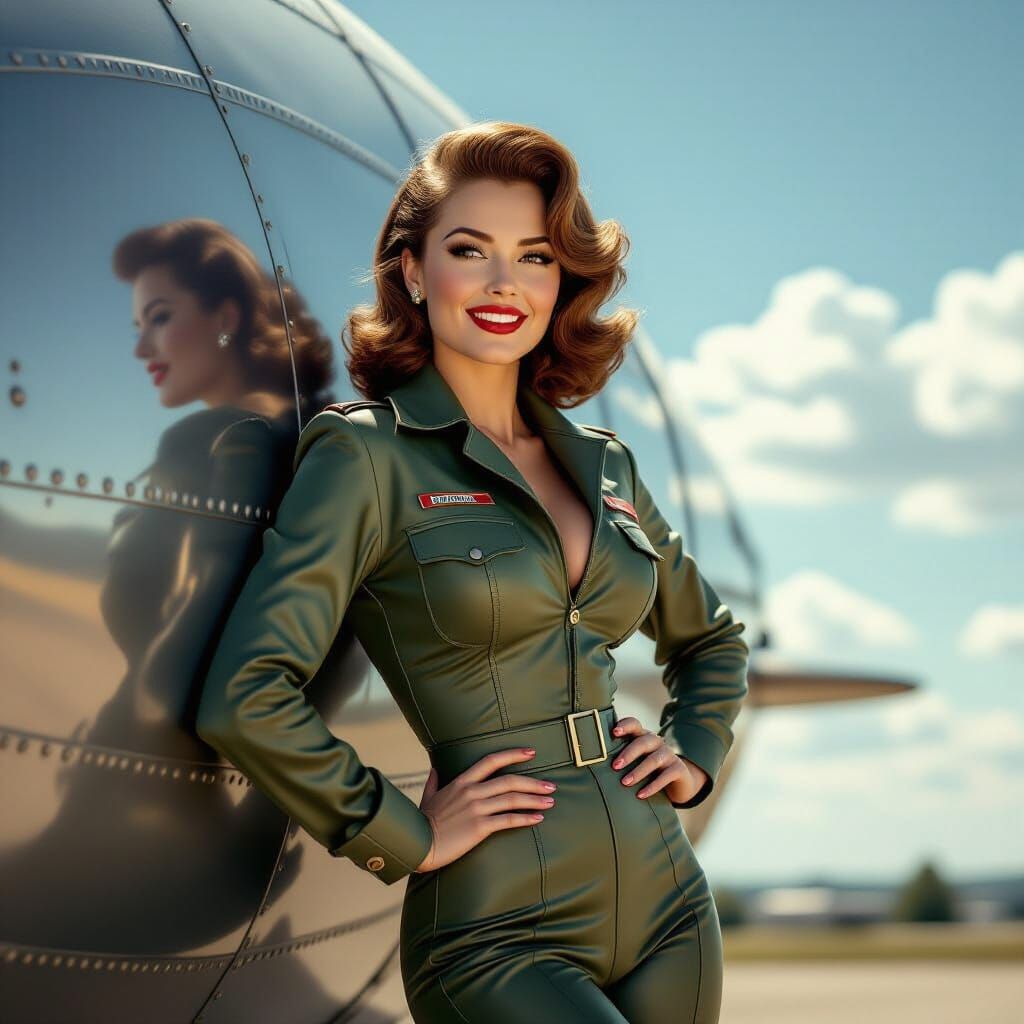 Pin-Up Model Poses with Vintage Zeppelin in 1950s Style