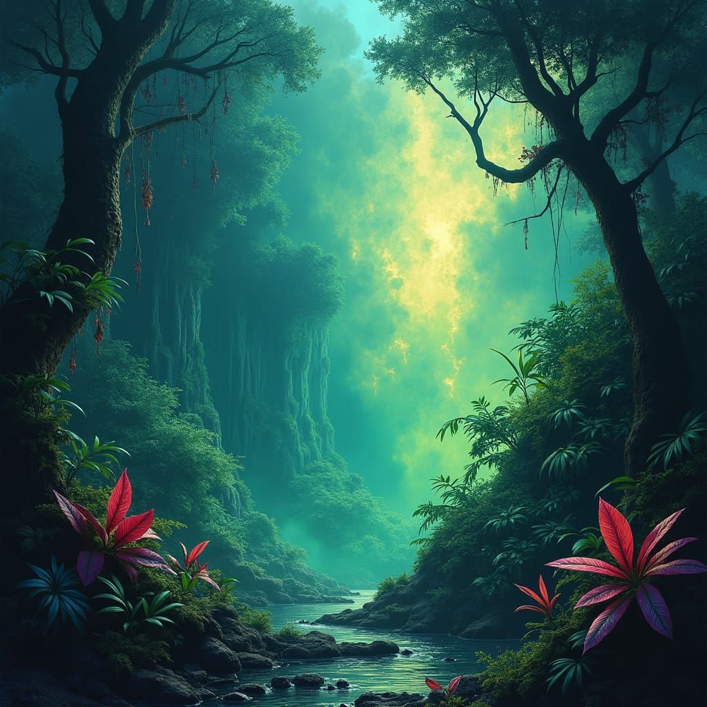 Ethereal Light Illuminates Emerald Forest in Psychedelic Sty...