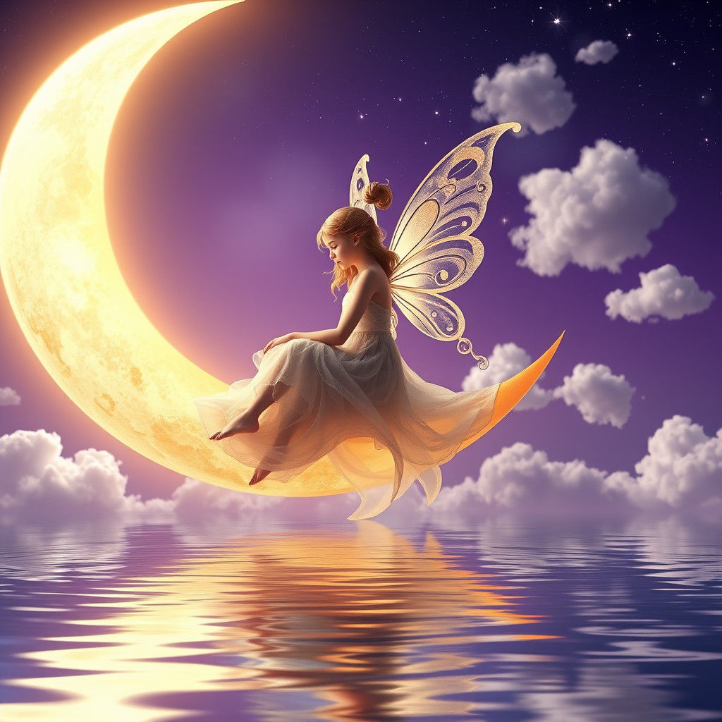 Fairy on Crescent Moon in Dreamlike Landscape