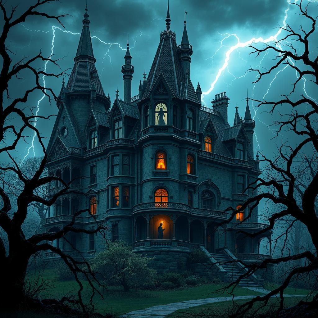 Grand Gothic Mansion with Ghostly Figure