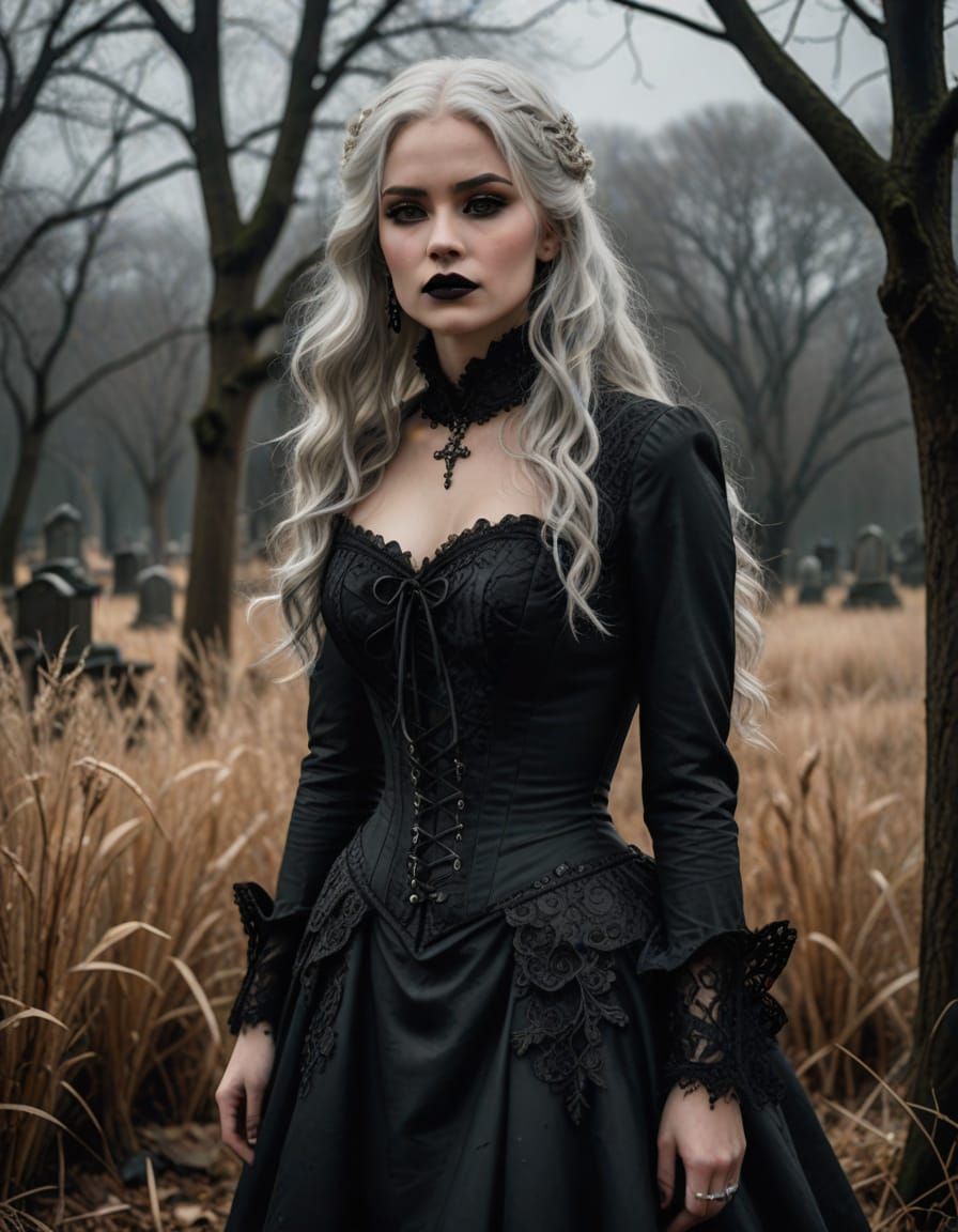 Gothic Woman in Wintry Graveyard Scene