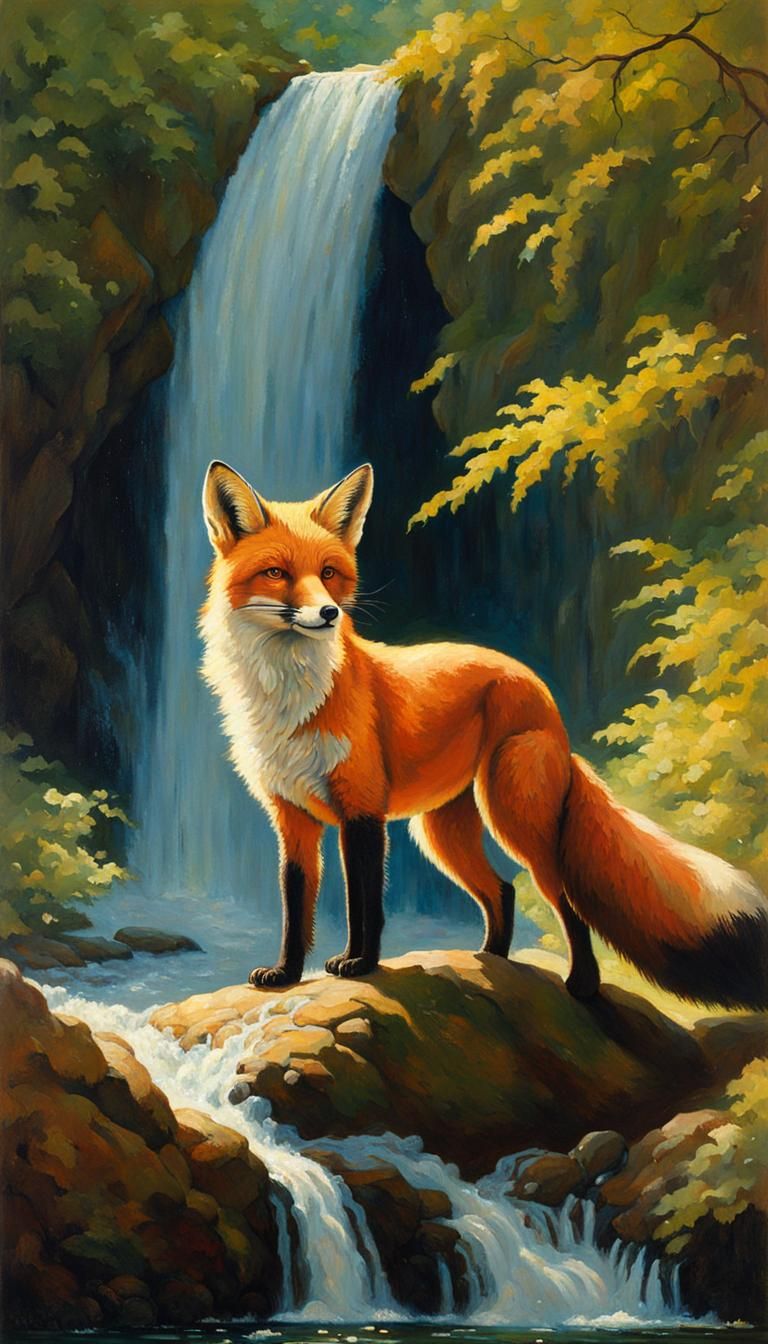 Fox Woman Bathes Under Waterfall in Parrish Style