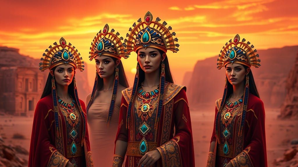 Nabataean Goddesses in Golden Headdresses Stand Majestically...