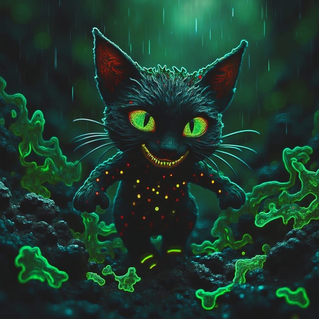 Cheshire Cat Ninja in Rainforest with Neon Glitch