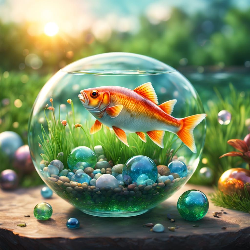 Glass Fish Floats in Gnome's Hands: Digital Art