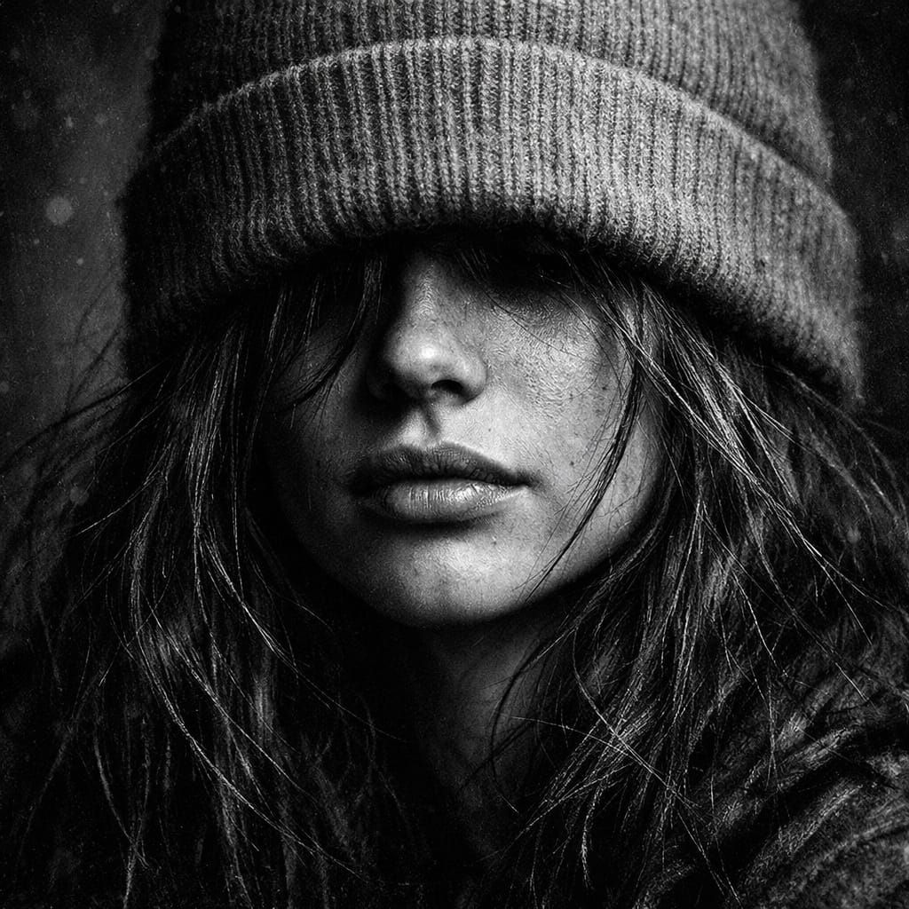 Textured Close-Up Portrait of Woman in Beanie