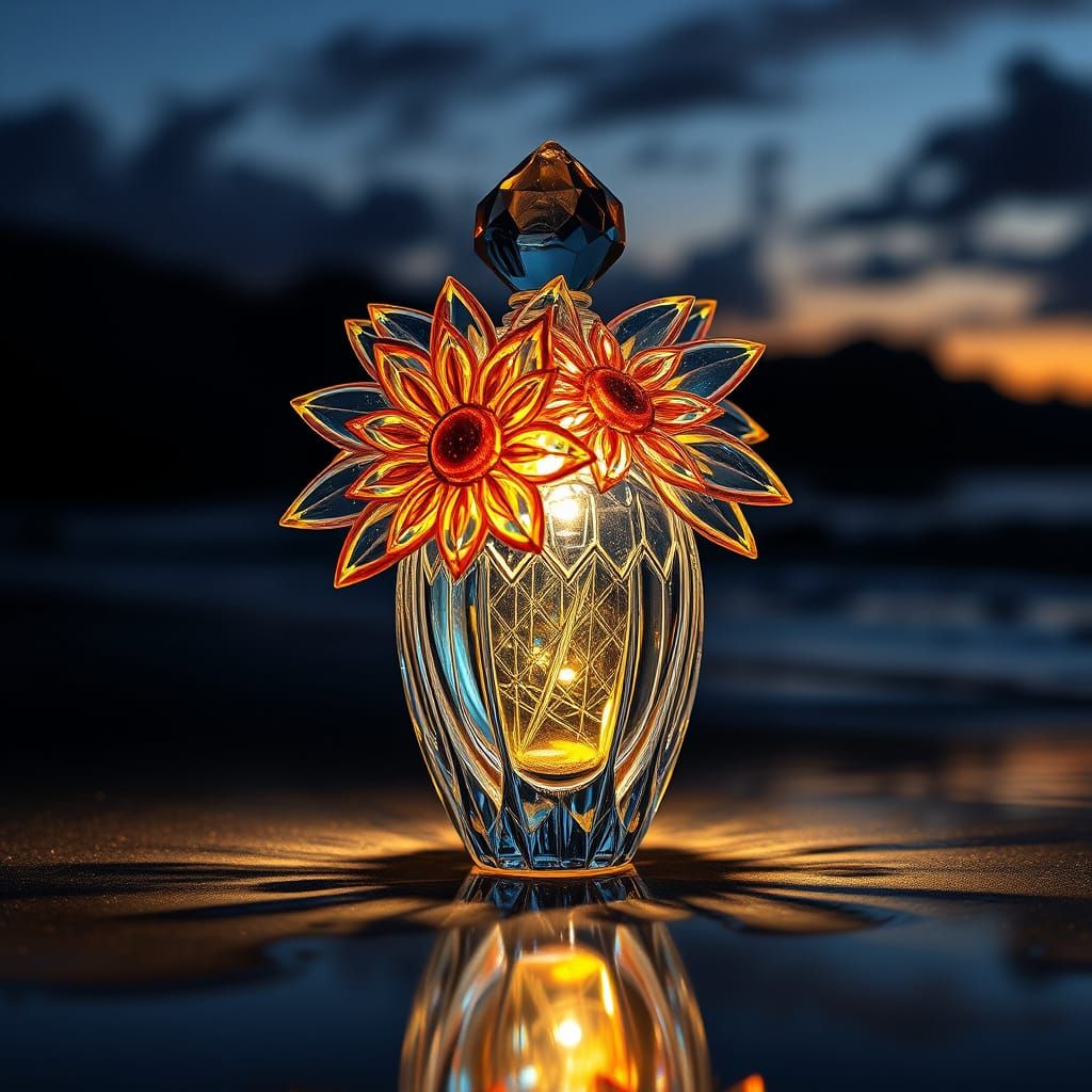 A delicate crystal perfume bottle, shaped like a sunflower