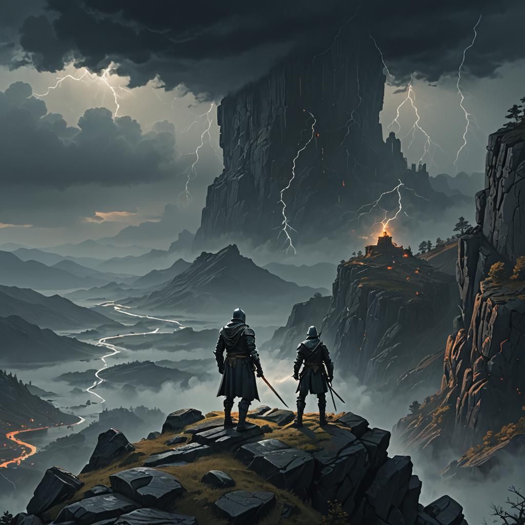 Knight on Cliff in Storm: Cinematic Matte Painting