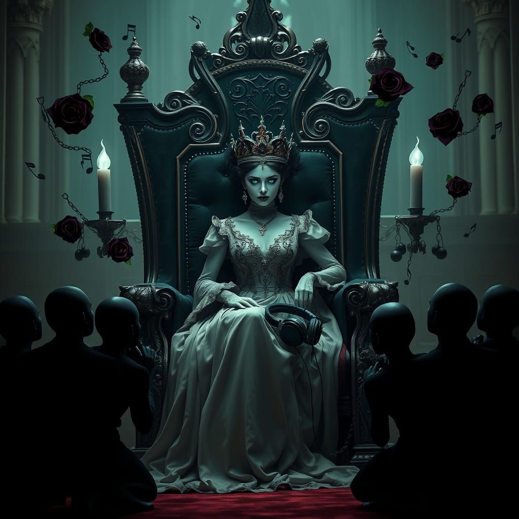 Regal Woman on Velvet Throne in Gothic Setting