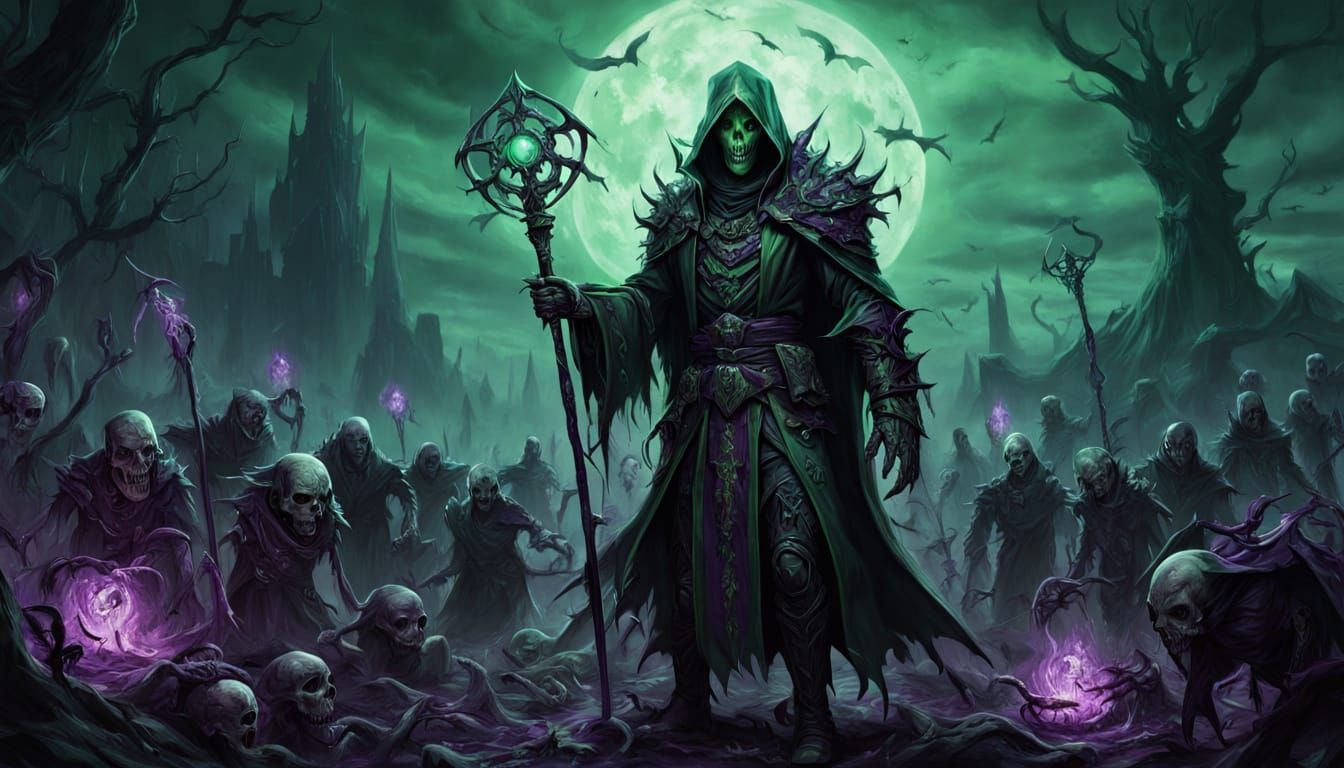 Necromancer Commands Undead Army in Hyperrealistic Style