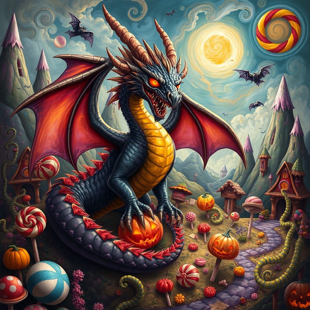 Surreal Halloween Dragon in Whimsical Pop Surrealism Style