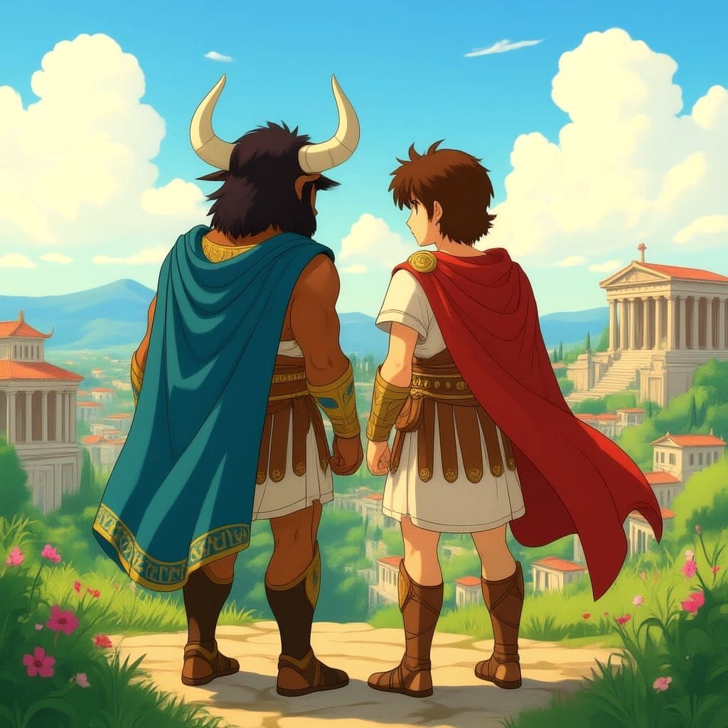Minotaur and Theseus Unite Against Evil in Anime Style